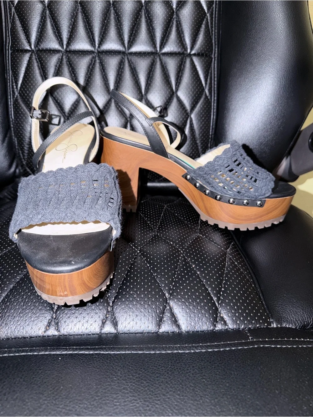 Jessica Simpson Black Knit Platform Sandals with Wood-Effect Block Heel